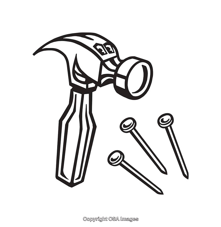 Black and White Line Art Illustration of Hammer and Nails