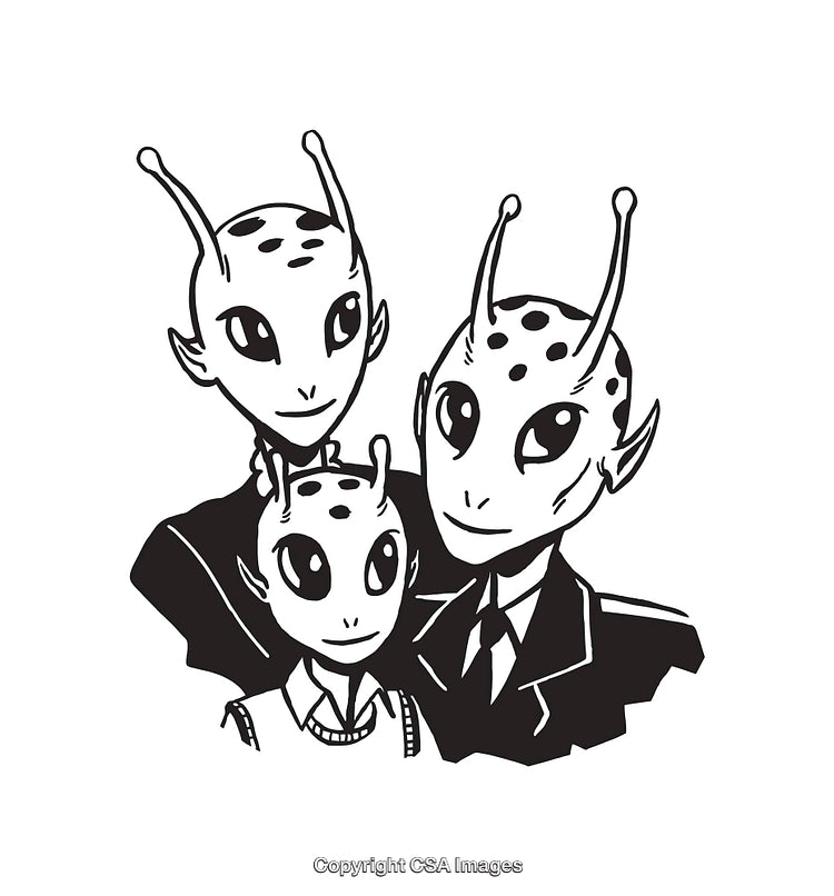 Black and White Line Art of an Alien Family Portrait