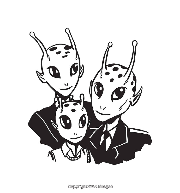 Black and White Line Art of an Alien Family Portrait