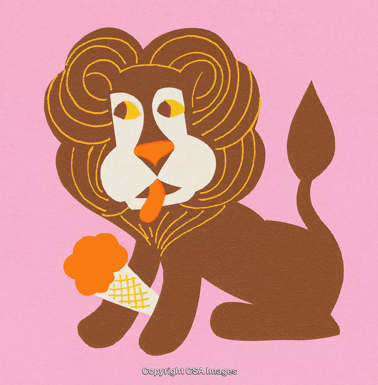 Playful Lion Holding Ice Cream Cone on Pink Background Illustration