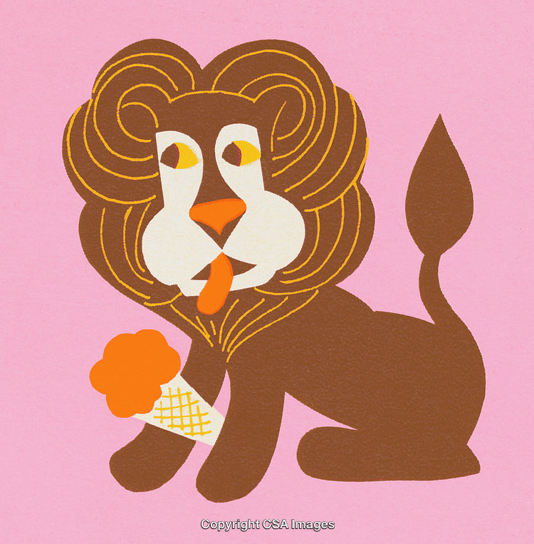 Playful Lion Holding Ice Cream Cone on Pink Background Illustration