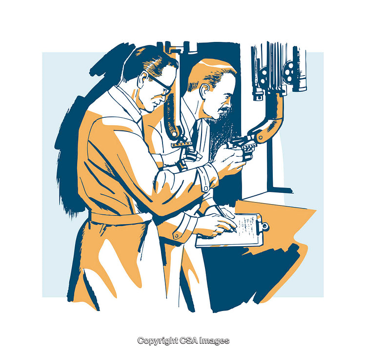Vintage Illustration of Professionals Working with Machinery in a Laboratory