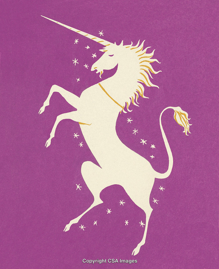 Elegant Unicorn Illustration Against Purple Background with Magical Star Accents