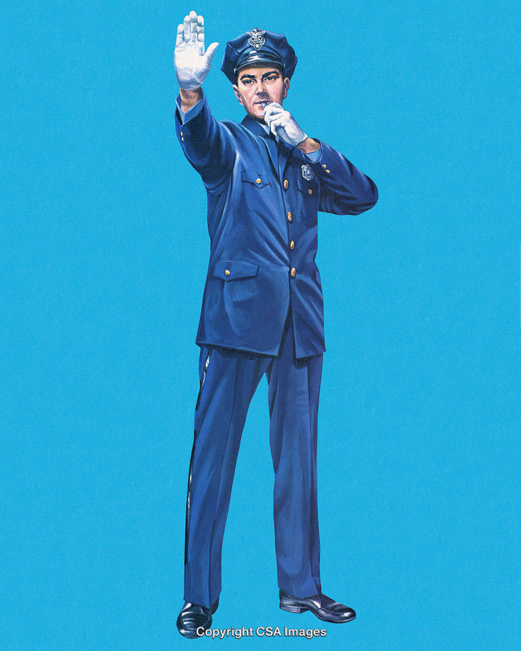 Police Officer Directing Traffic on Blue Background in Uniform