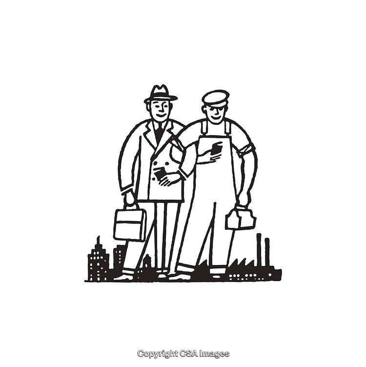 Black and White Line Art of Two Colleagues Standing Together