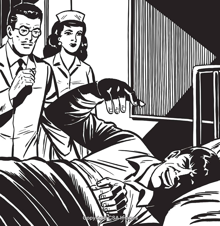 Retro Style Illustration of Doctors and Patient in a Medical Setting
