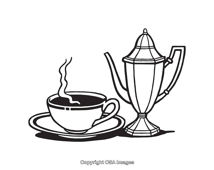 Black and White Line Art of a Coffee Cup and Pot