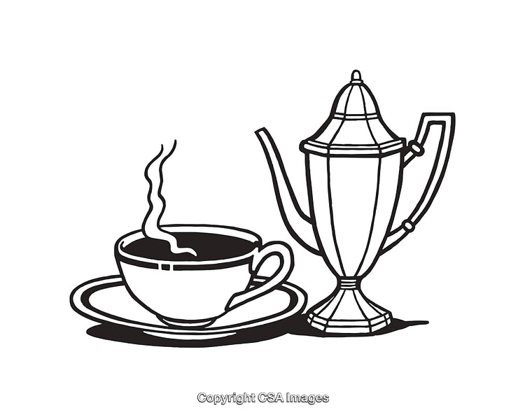 Black and White Line Art of a Coffee Cup and Pot