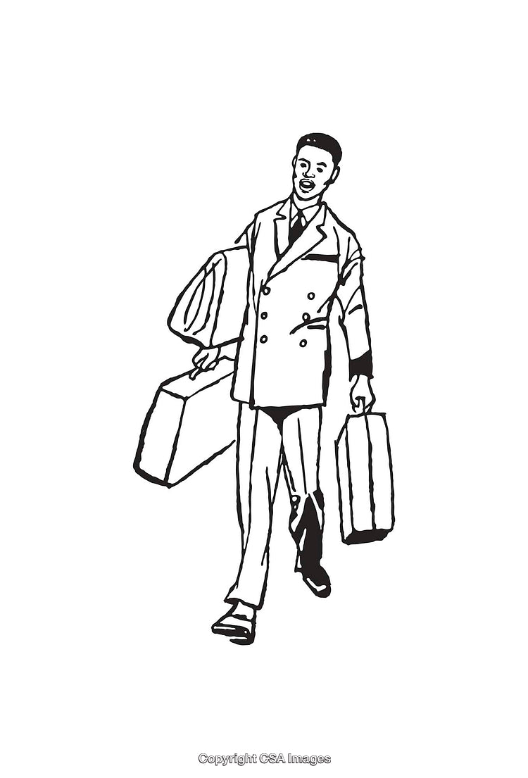 Line Art Illustration of a Stylish Man With Suitcases Walking