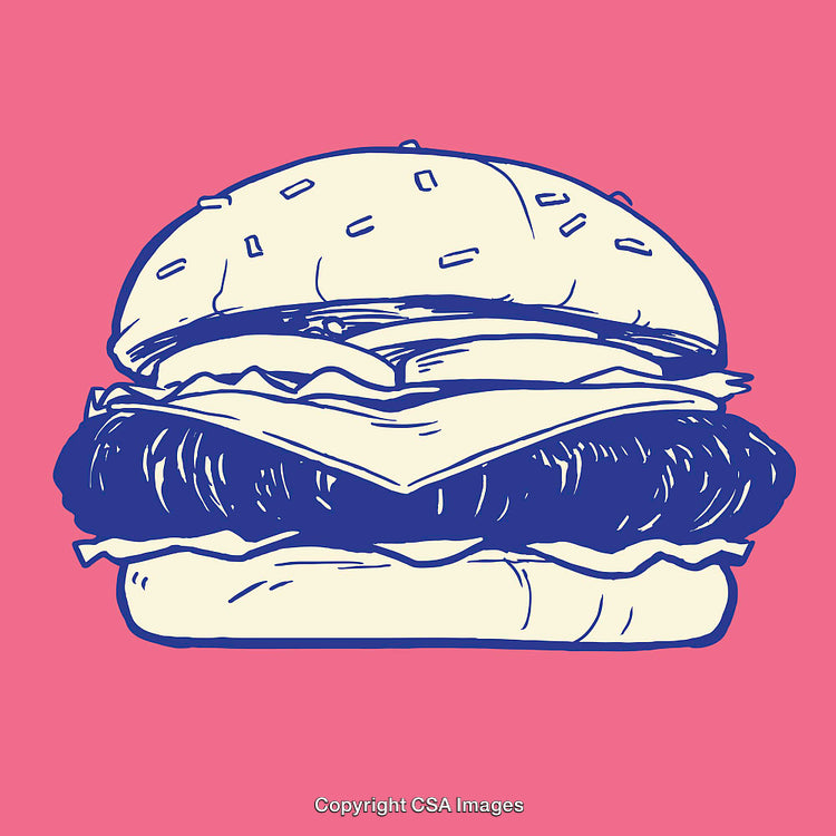 Stylized Colorful Line Drawing of a Cheeseburger on a Vibrant Pink Background