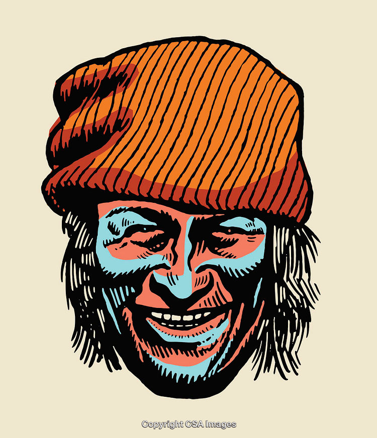 Colorful Illustration of Smiling Man Wearing an Orange Knitted Hat