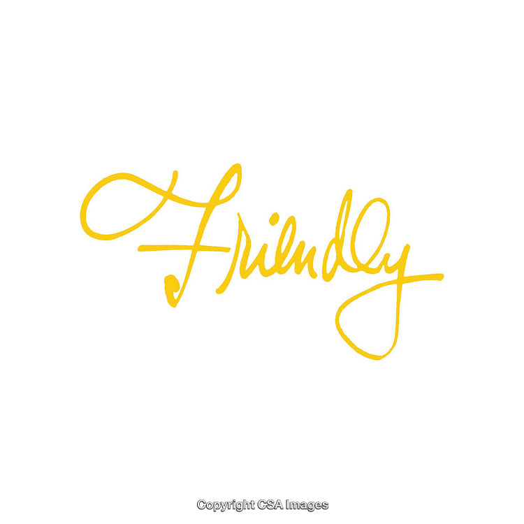 Yellow Handwritten Script Spelling the Word 'Friendly' on White Background