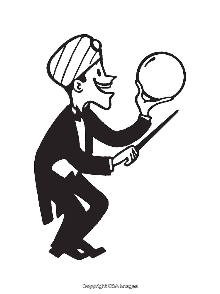 Black and White Drawing of a Smiling Magician with Crystal Ball