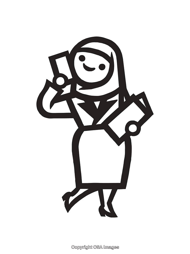 Black and White Line Art of a Professional Woman Holding Papers and Phone