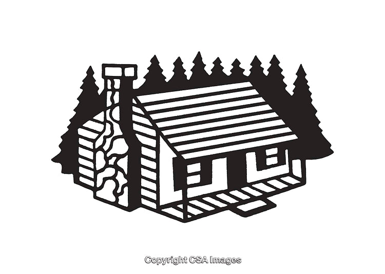 Rustic Cabin Illustration Surrounded by Trees in Black and White Style