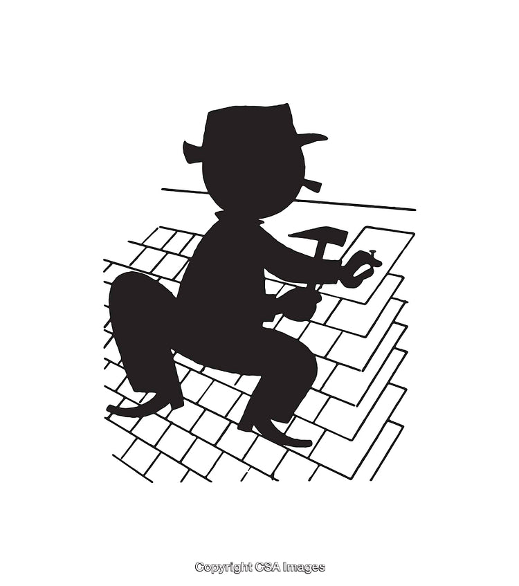 Silhouette Art of Worker Repairing Roof in Black and White Style