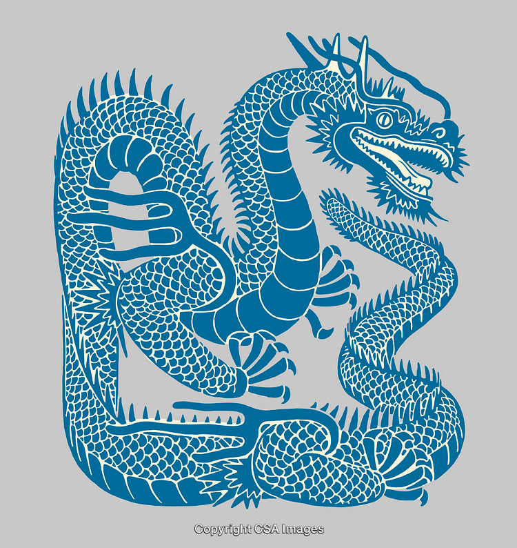Detailed Blue Dragon Illustration on Gray Background