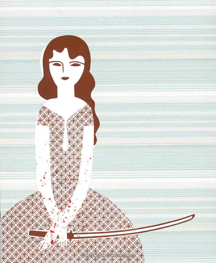 Illustration of a Woman Holding a Sword with a Simple Pattern Background