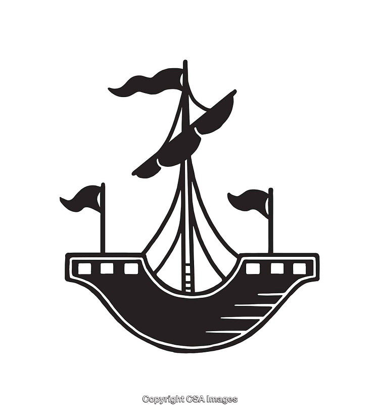 Black And White Line Art Illustration of a Sailboat with Flags