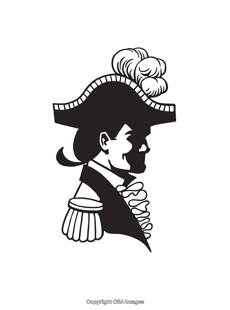 Black and White Line Art Portrait of a Historical Man in Periodic Hat