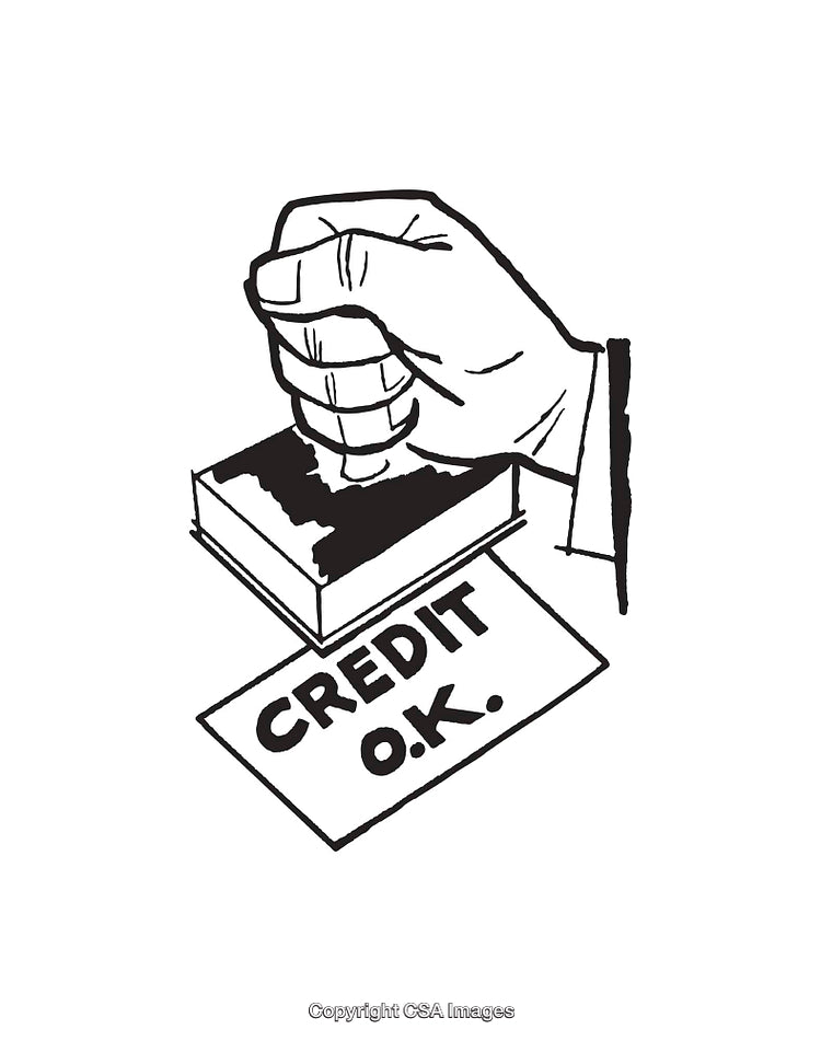 Black and White Line Art of a Hand Stamping Credit OK