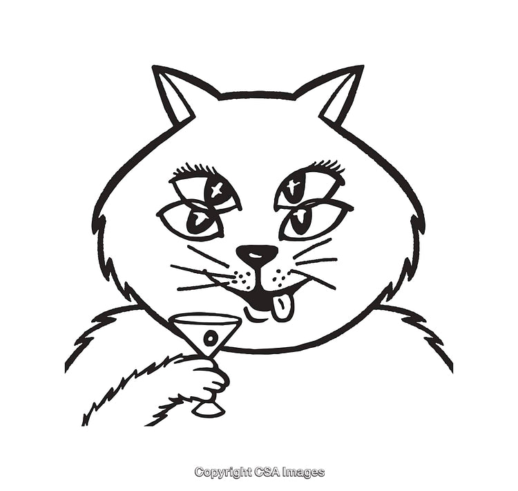 Whimsical Black and White Line Art Illustration of a Cat with a Drink