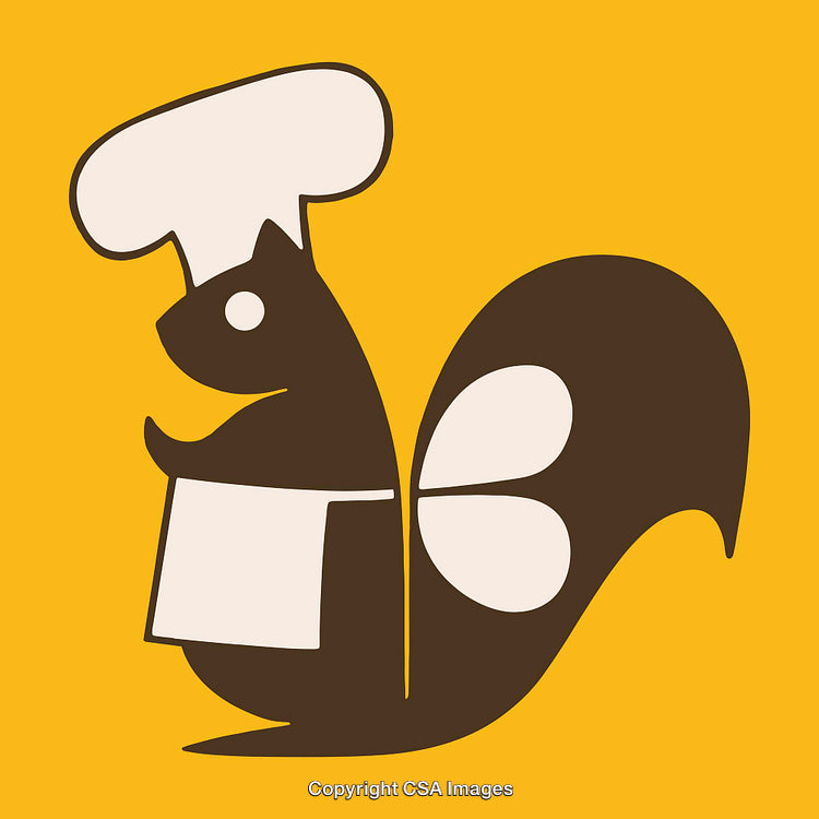Cartoon Squirrel Chef Wearing a Hat and Apron on Yellow Background