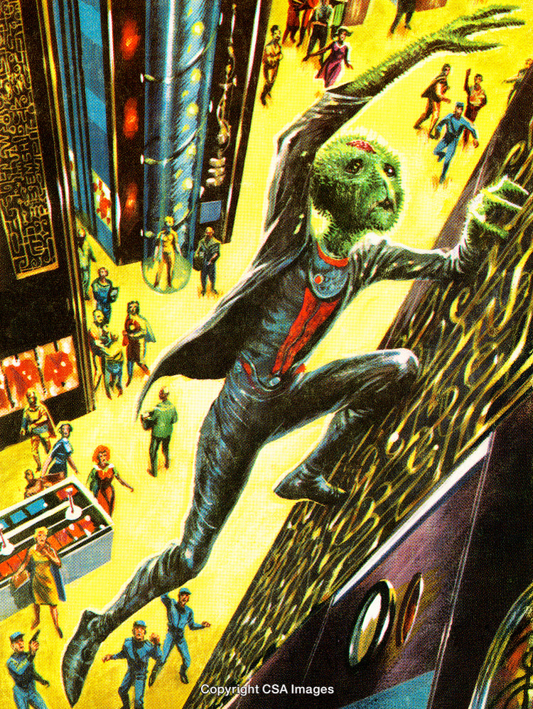 Retro Illustration of Alien Climbing a Wall in a Futuristic City Scene