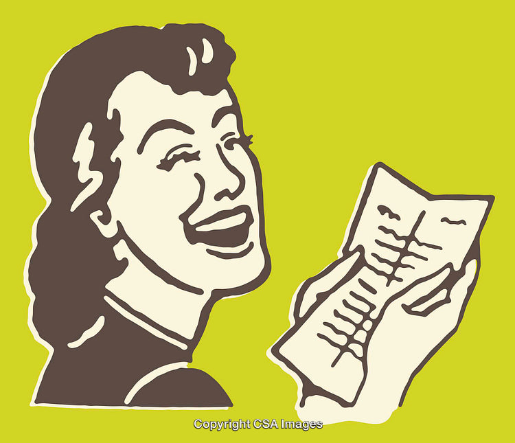 Retro Illustration of a Woman Smiling While Reading a Document or Letter