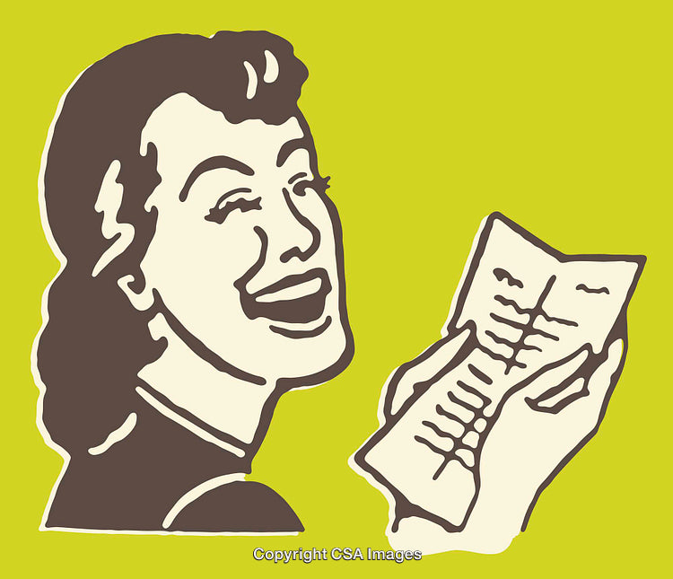 Retro Illustration of a Woman Smiling While Reading a Document or Letter