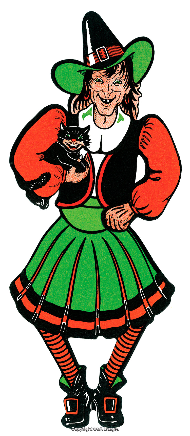 Illustration of a Classic Witch Holding a Cat in Festive Colors