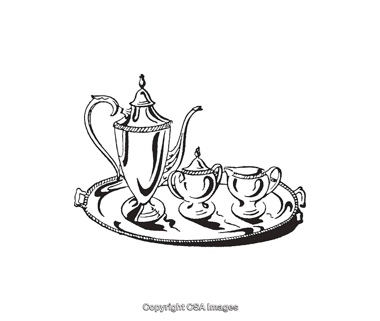 Elegant Black and White Line Art of a Tea Set on Tray
