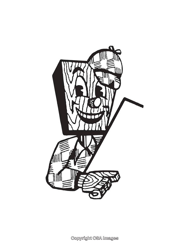 Black and White Illustration of a Playful Wooden Character in Line Art