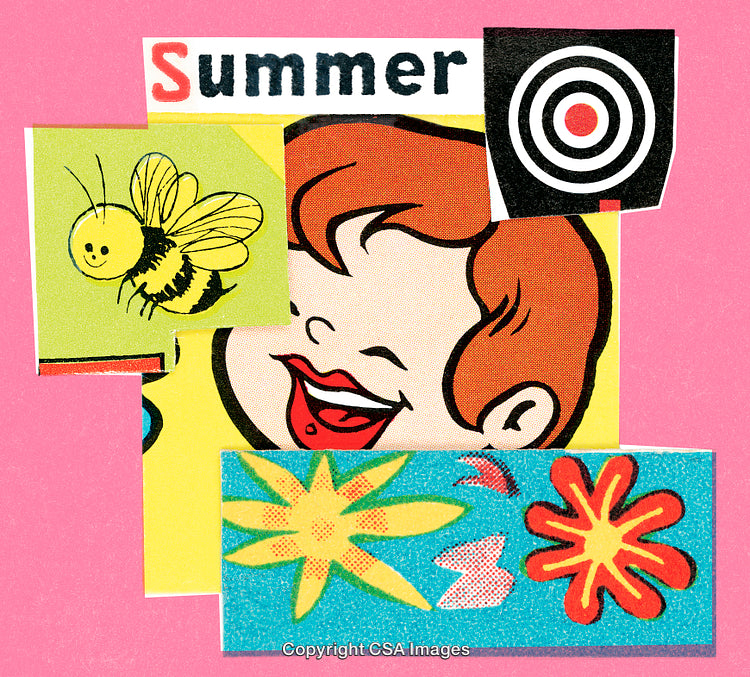 Colorful Retro Collage with Bee, Flowers, and Smiling Character