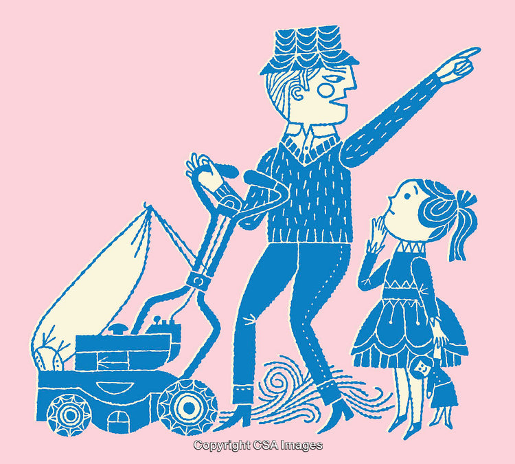 Illustrated Family Scene with Stroller and Child on Pink Background