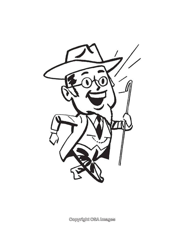 Black and White Illustration of a Cheerful Man Running with a Cane