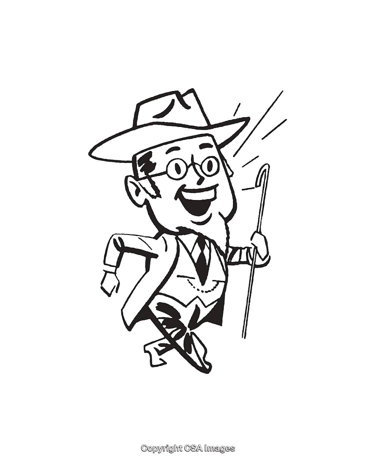 Black and White Illustration of a Cheerful Man Running with a Cane
