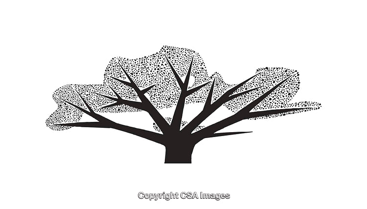Black and White Line Art of a Tree with Speckled Details