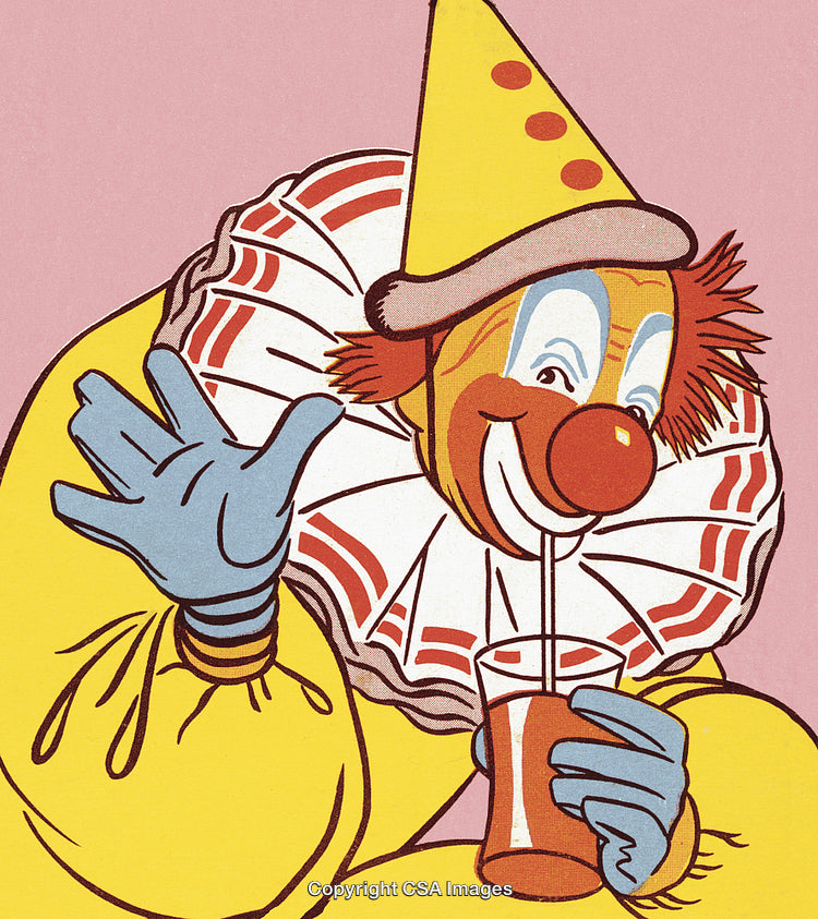 Retro Clown Enjoying a Beverage on a Pastel Background