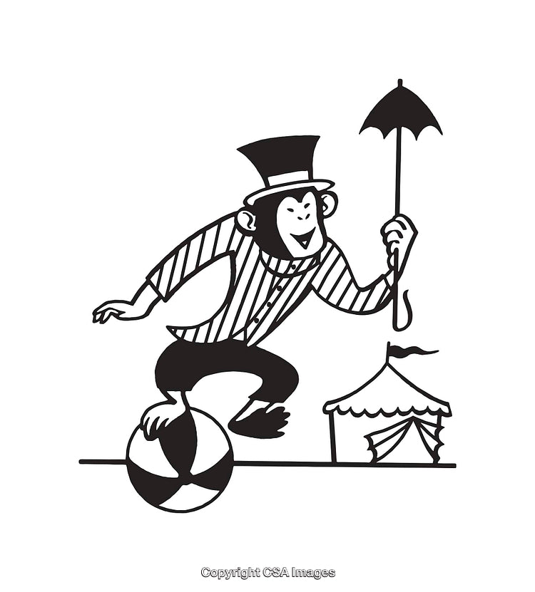 Circus Monkey in Hat Balancing on Ball with Umbrella