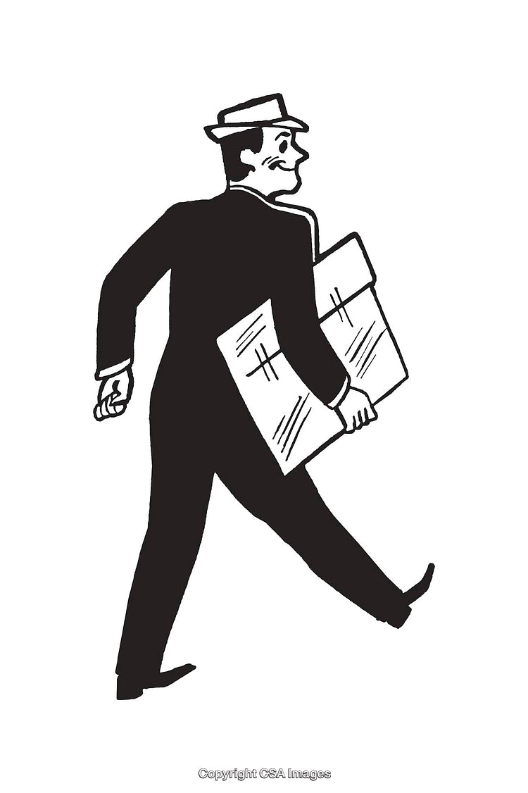 Line Art Illustration of a Businessman Carrying a Newspaper and Walking