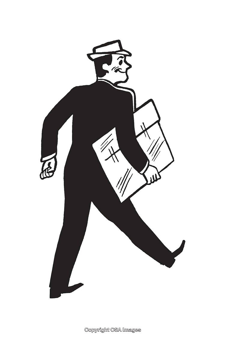 Line Art Illustration of a Businessman Carrying a Newspaper and Walking