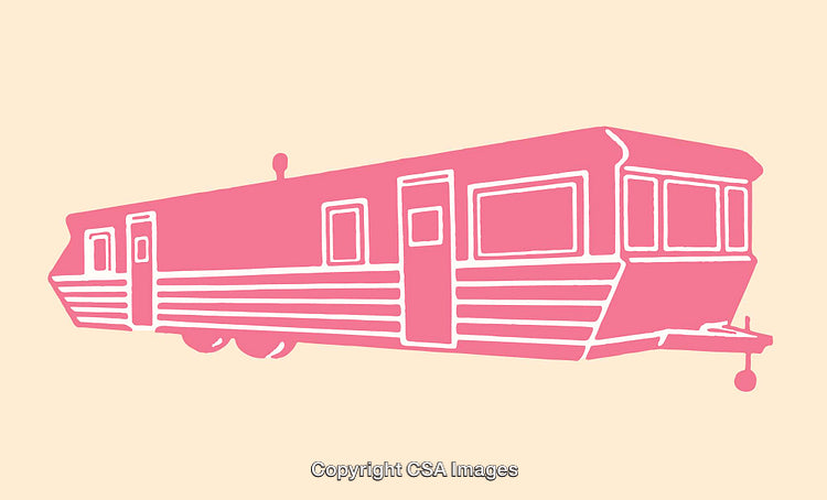 Pink Line Art Illustration of a Mobile Travel Trailer on Yellow Background