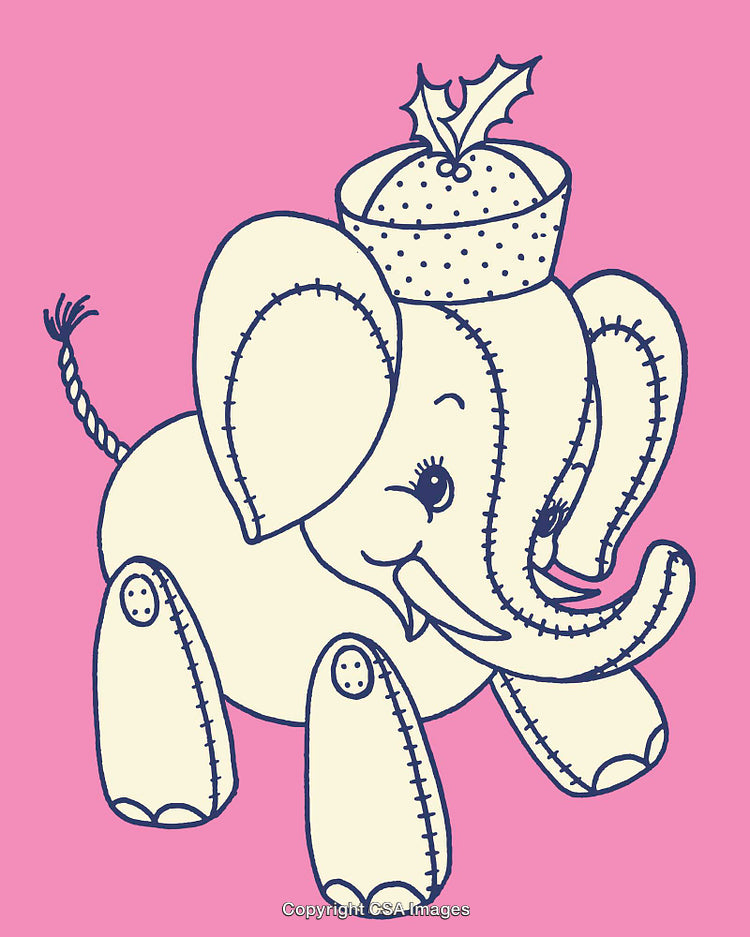 Cute Line Art Illustration of Elephant Toy with Christmas Hat on Pink Background