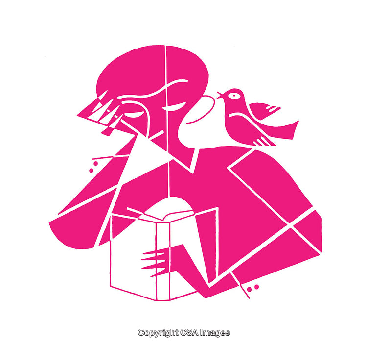 Abstract Illustration of a Person Reading With a Small Bird Nearby