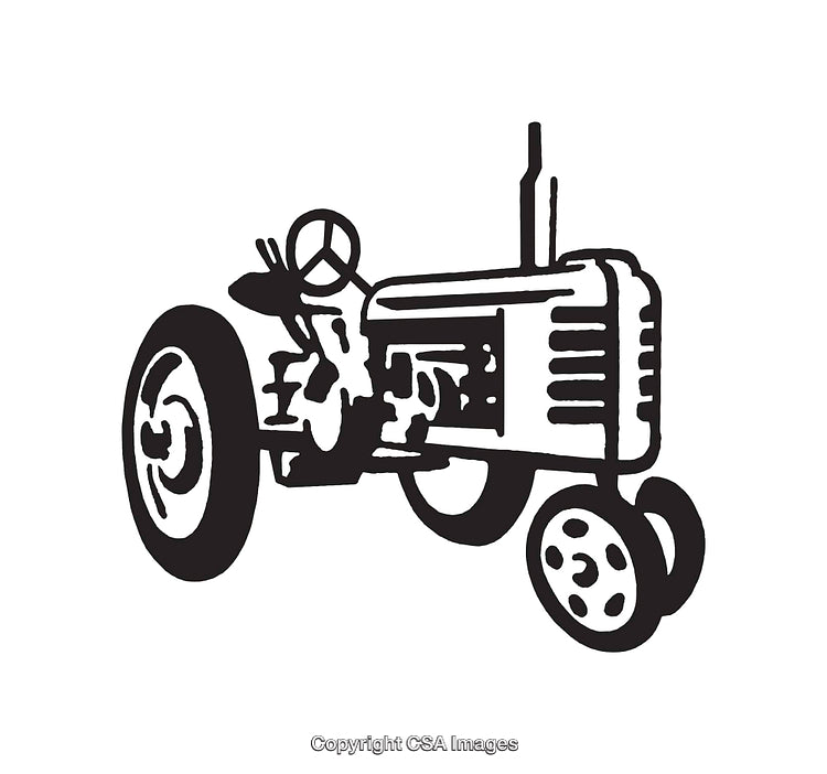 Black and White Line Art Illustration of a Vintage Farm Tractor