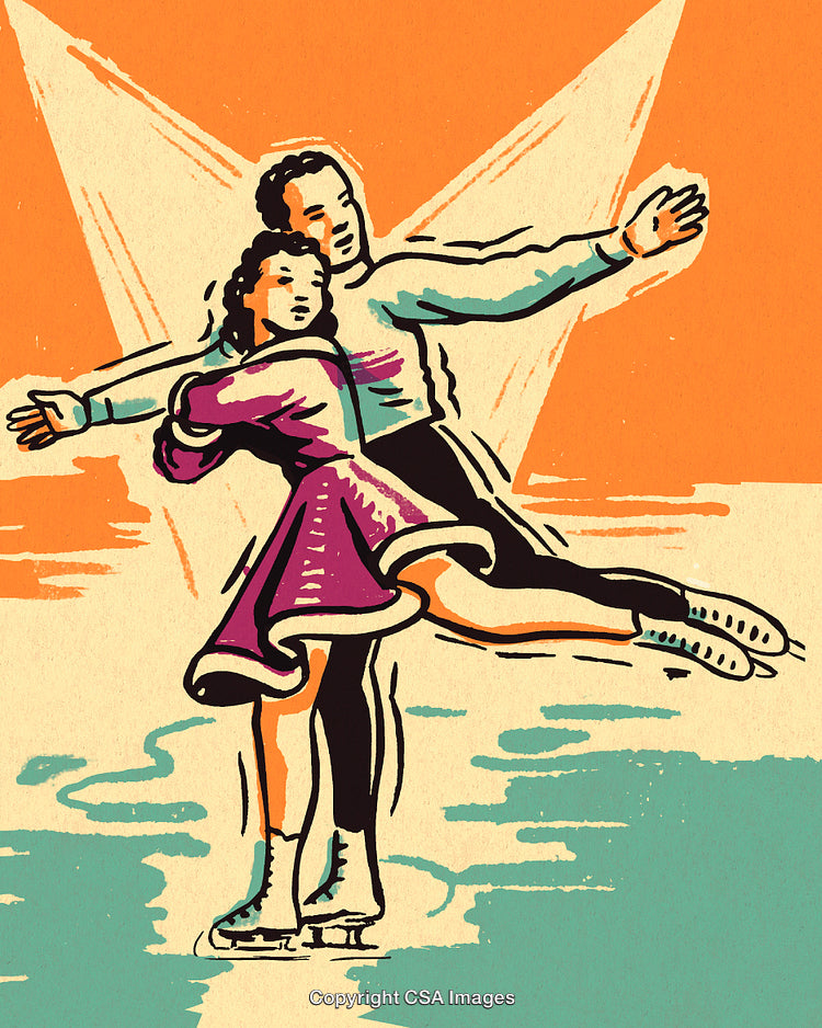 Ice Skating Couple Performing Expressive Routine on Colorful Background