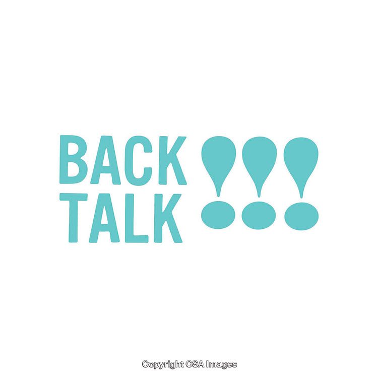 Turquoise Back Talk Typography Design on White Background with Exclamation Marks