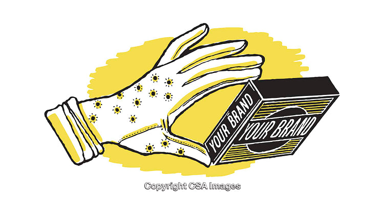 Retro Illustration of Gloved Hand Holding Customizable Branded Packaging