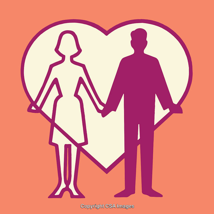Silhouette Couple Holding Hands Within a Heart-Shaped Outline Illustration